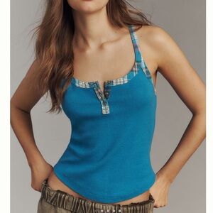 Anthropologie Layering Tank Hang Ten Pilcro Blue Plaid Button NEW Large